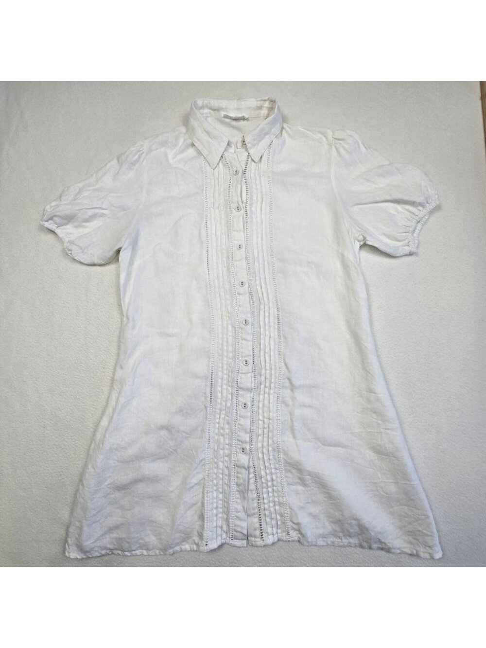 Little Lies Medium White 100% Linen Button-Up Tunic Dress Puff Sleeves Boho